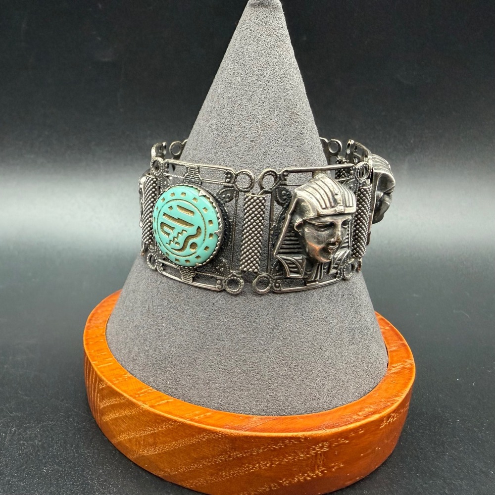 Vintage Egyptian Revival Panel Bracelet Silver Tone Pharaoh Elephant 6.5"